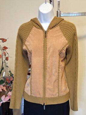 Quality Structured Knit Zip-Up Cardigan Yellow Hooded Sweater Women M